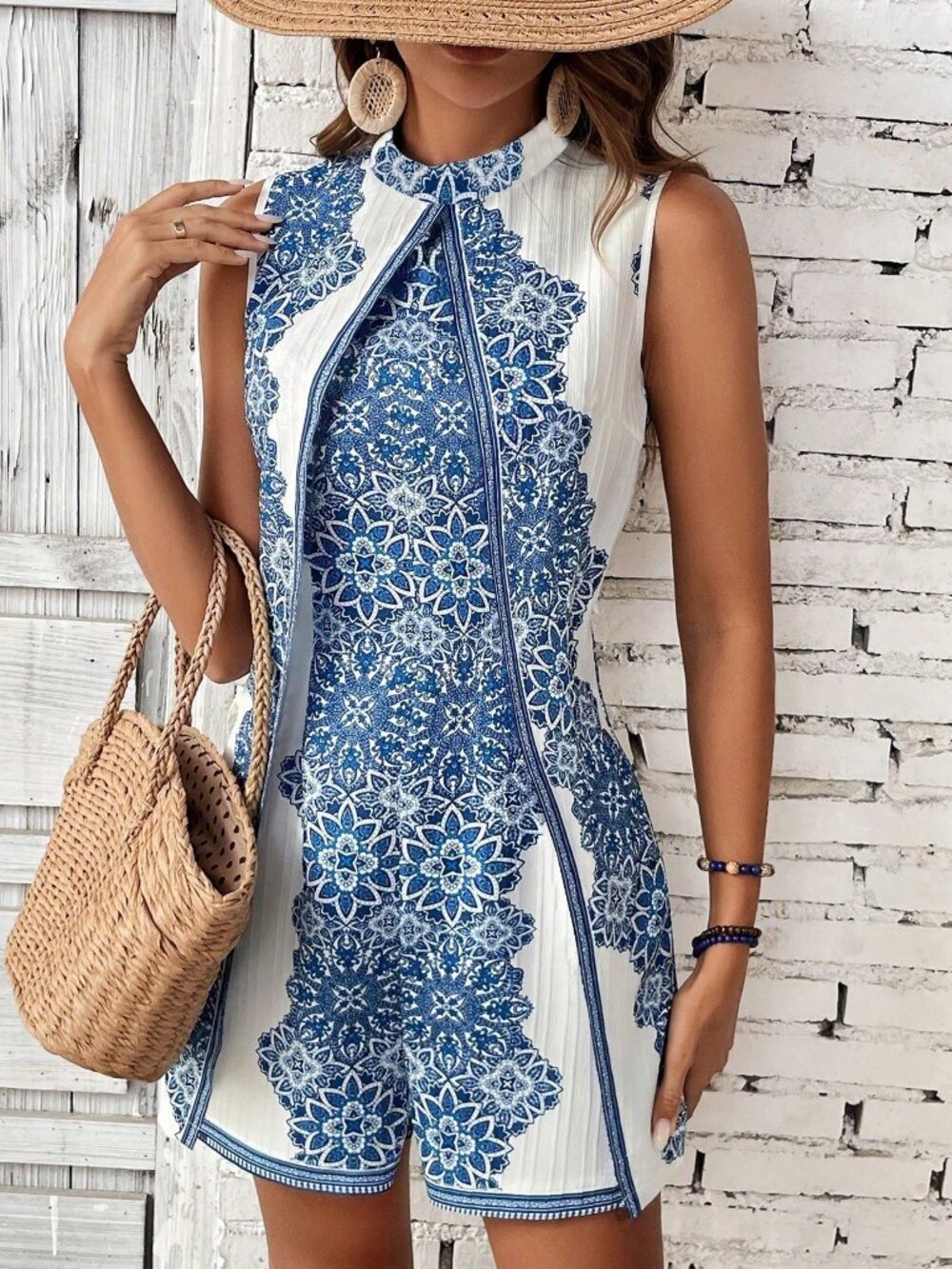 Blue Boho Women's Floral Printed Sleeveless Jumpsuit